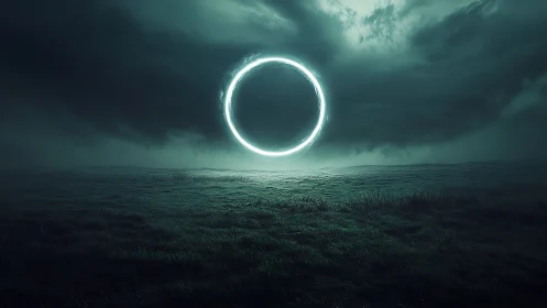Luminous void ring hovering above a windswept midnight field.