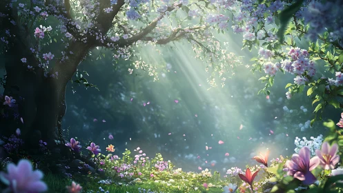 Backlit blossom canopy forms volumetric light over floral meadow