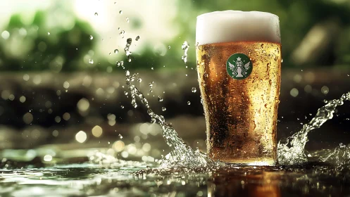 Foamy beer pint splashes upward in bright outdoor water pool