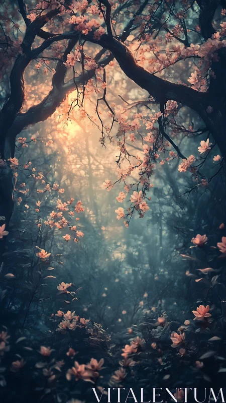 Ethereal Forest Glade: Pink Blossoms Through Golden Light