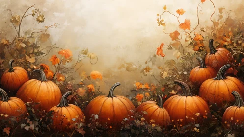 Golden pumpkins resting in a dreamy autumn garden glow.