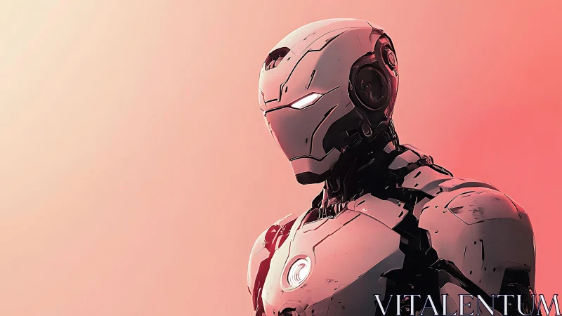 Armored humanoid android rendered against minimal red gradient