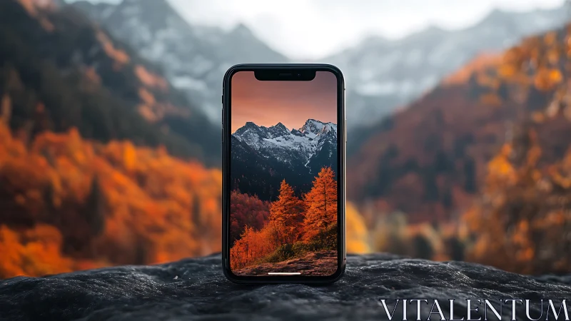 Autumn peaks framed in a phone’s crystal-clear window.