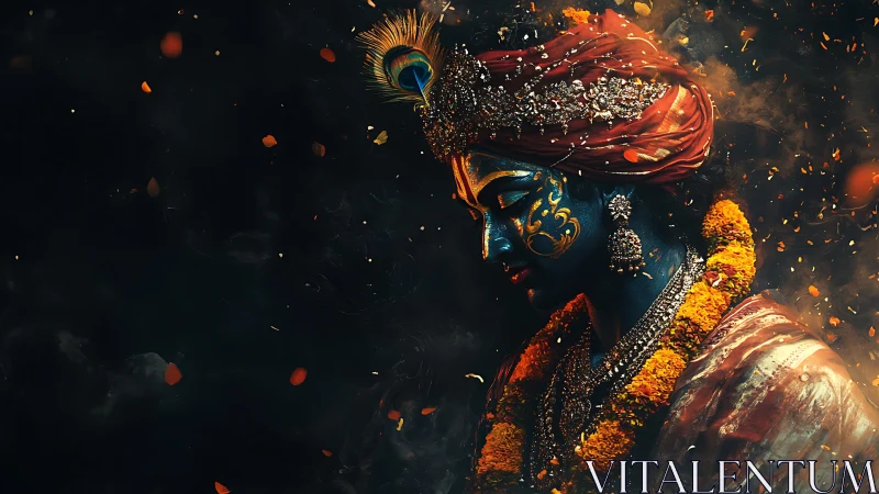 Divine blue deity portrait with ornate garland and jewels.