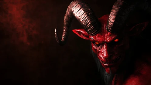 Red horned demon creature faces camera with glowing eyes