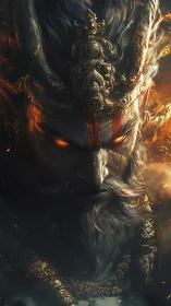 Fiery-eyed war deity emerges from shadow and molten light