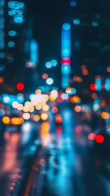 Blurred night city traffic with neon urban bokeh lights.