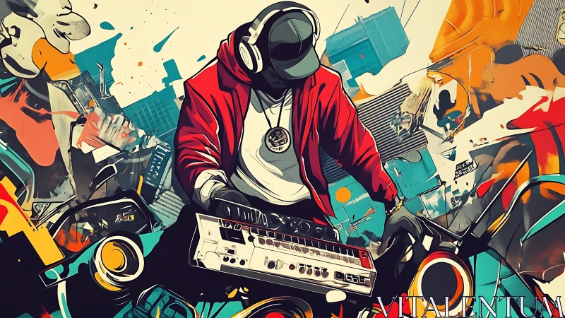 Street DJ in red jacket mixing beats in bold urban art.
