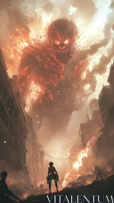 Towering fire demon looms over brave lone city defender