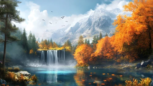 Radiant autumn waterfall below misted alpine peaks.