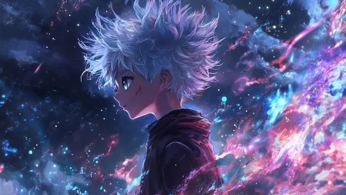 Starlit boy with white hair walks through luminous nebula