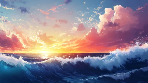 Ocean waves roll toward horizon under vivid sunset sky