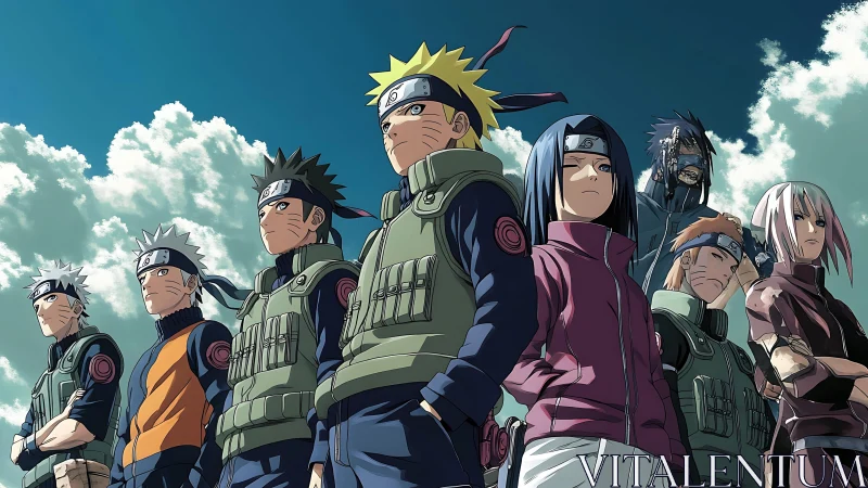 Anime ninja squad stand unified beneath dramatic skies.