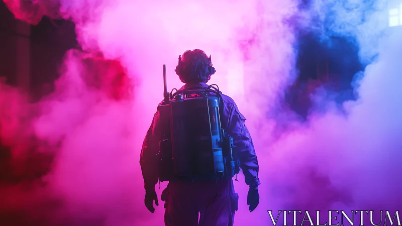 Operator in hazmat gear walks into neon fog cloud