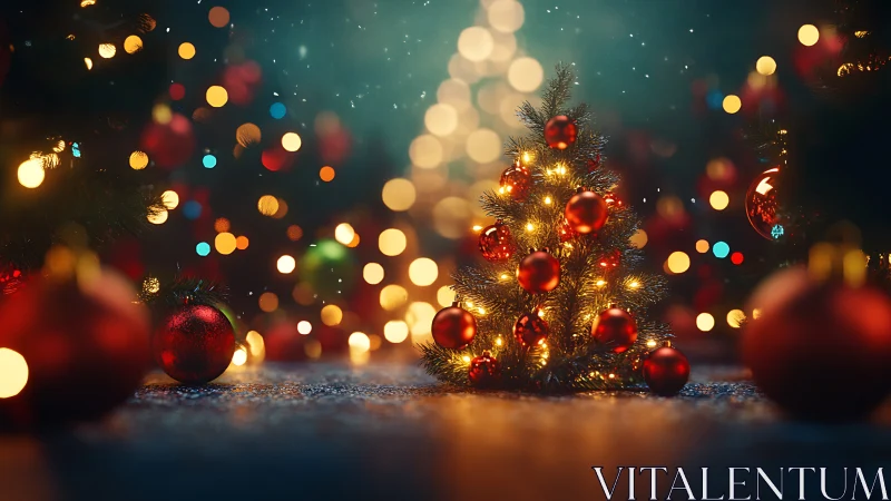 Glowing miniature Christmas tree sparkles in warm holiday light