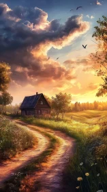 Sunlit country cottage under dramatic volumetric sunset clouds