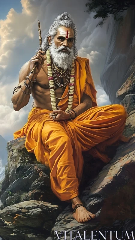 Mountain sage in saffron robes contemplates stormy horizons