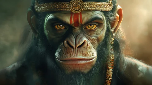Regal monkey warrior gazes forward with calm golden eyes
