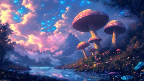 Glowing mushroom forest welcomes a dreamy river at twilight