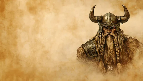 Viking warrior portrait shows horned helmet and braided beard
