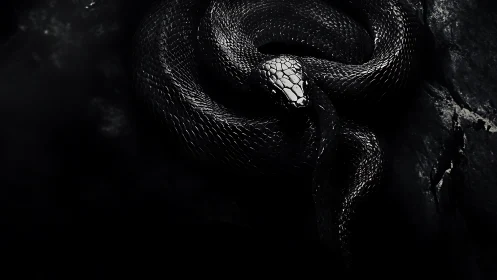 Coiled black snake lies on dark textured rock surface
