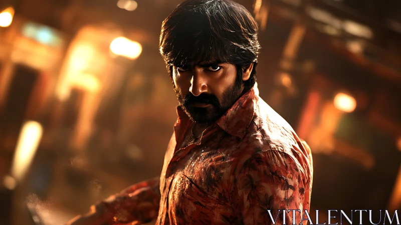 Intense bearded man in cinematic warm studio lighting.