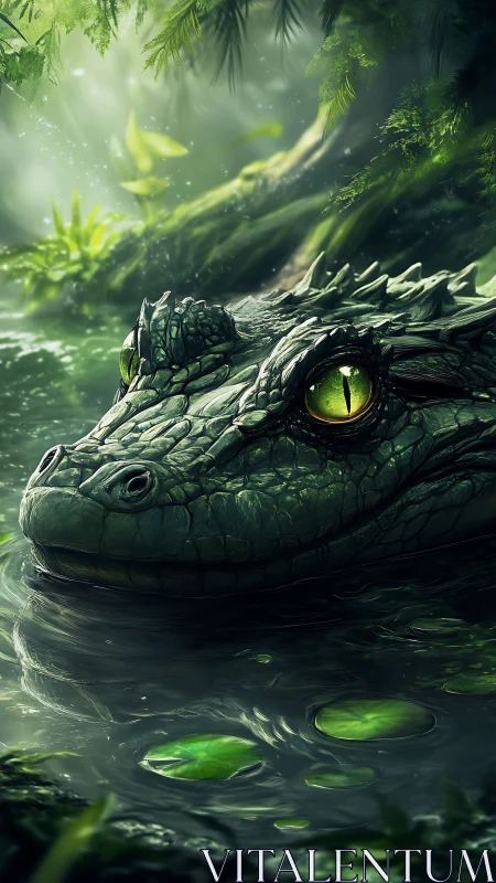 Crocodilian head emerging from shaded forest water surface.