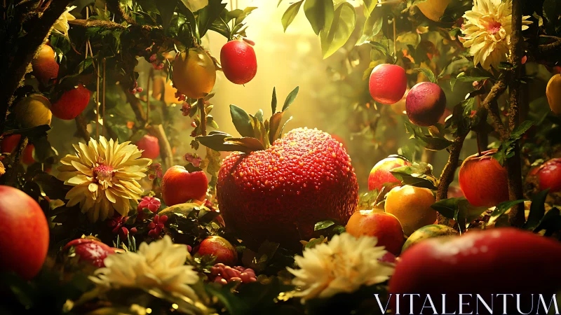 Hyperreal hybrid strawberry-apple centerpiece in glowing orchard