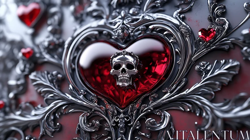 Baroque crimson heart with chrome skull centerpiece detail.