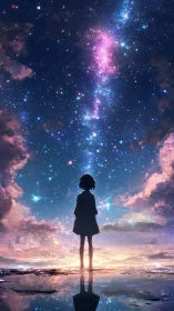 Stargazing silhouette walks the mirror edge of twilight skies.