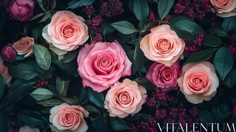 Blooming Garden Romance: Pink Roses and Deep Jewel Tones.