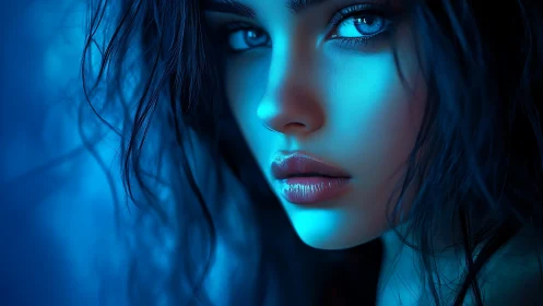 Hyperreal blue-lit female portrait with cinematic close focus