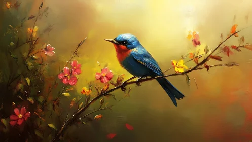 Bluebird perched on flowering branch, digital painting style.