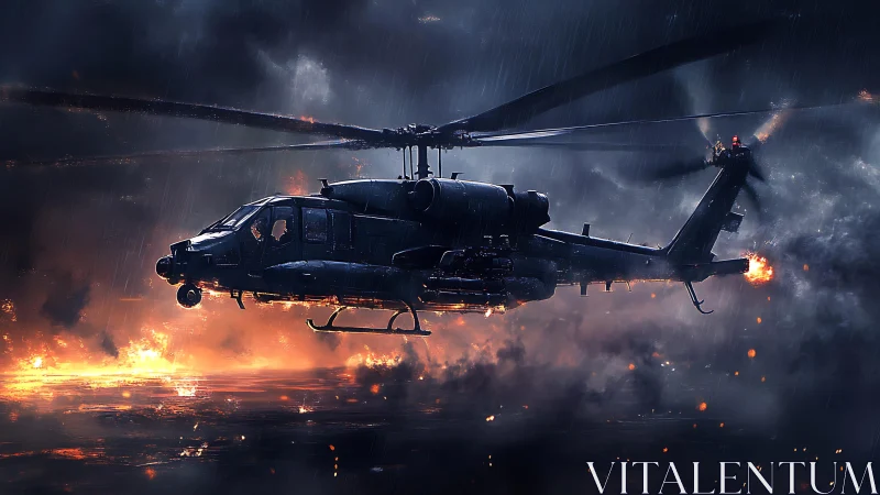 Attack helicopter over burning ground in heavy rainfall.