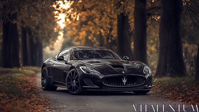 Autumn road panther: glossy black supercar poised to pounce.