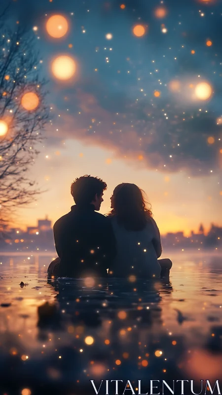 Two figures seated in water beneath luminescent sky display.