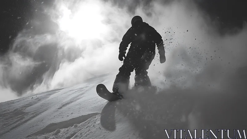 Backlit snowboarder carving powder in dramatic high-contrast light