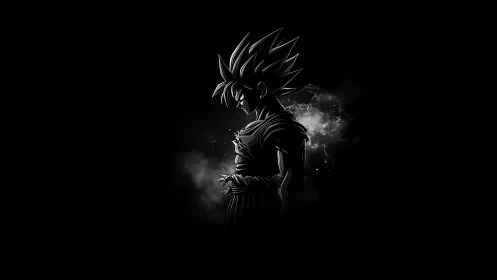 Silhouetted spiky haired figure stands against dark void