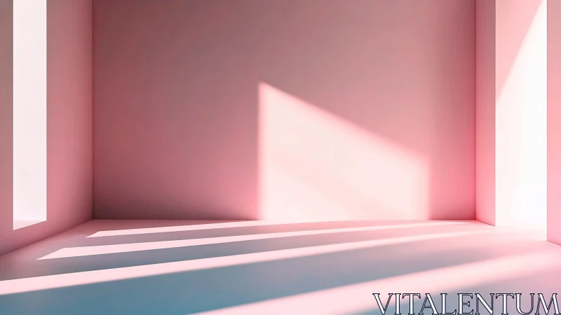 Soft pink minimalist room bathed in long geometric light beams.