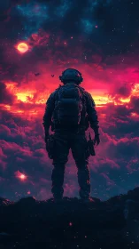 Stargazing explorer under neon clouds and midnight skies.