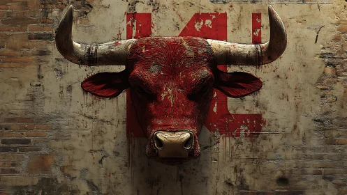 Red bull head sculpture mounted against distressed wall