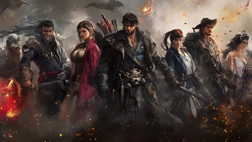 Fantasy warrior party stands in smoky battlefield lineup