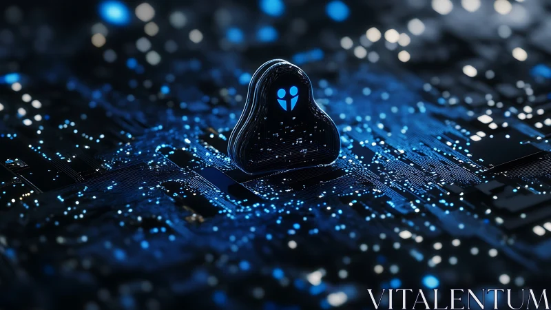 Abstract AI agent icon on glowing digital circuit board.