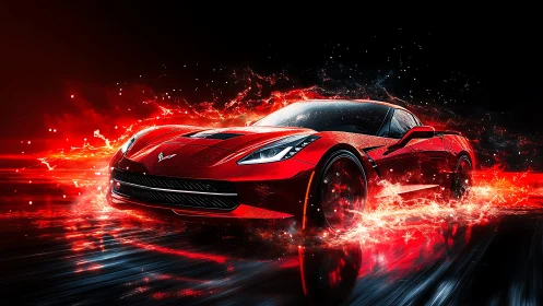 Red performance coupe in high-energy luminescent motion field.