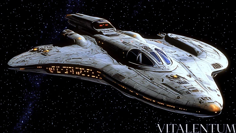 Streamlined spacecraft model travels through dense starfield