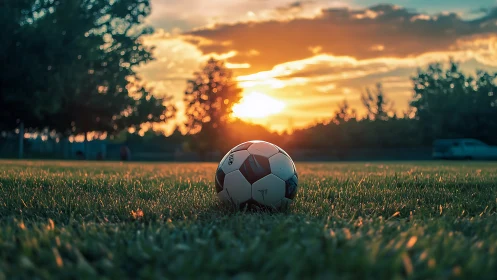 Soccer ball rests on grass field during low evening sunset