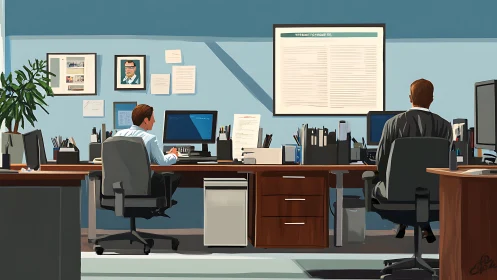 Contemporary Office Environment with Dual-Workstation Setup and Ergonomic Seating Configuration