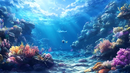 Sunlit coral reef garden glows beneath crystal waves.