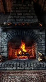 Fireplace with Active Flames and Mantel Decorations