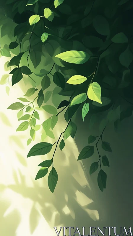Sunlit foliage renders soft gradients and layered silhouettes
